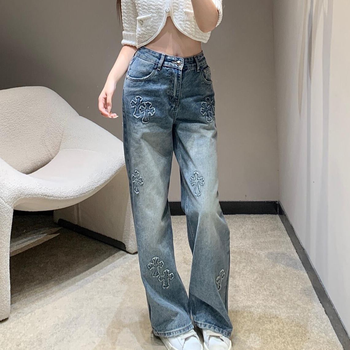 『S-XL』新作パッチワークデニムジーンズ、ゆったりとしたワイドレッグパンツ、ストレートレッグ、トレンディなブランド。