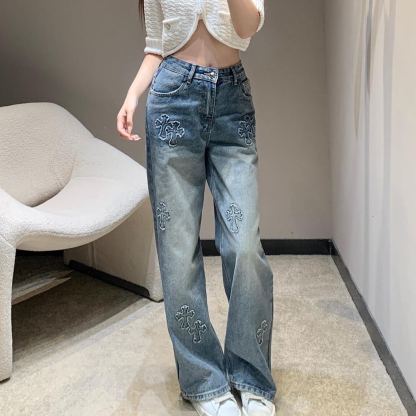 『S-XL』新作パッチワークデニムジーンズ、ゆったりとしたワイドレッグパンツ、ストレートレッグ、トレンディなブランド。