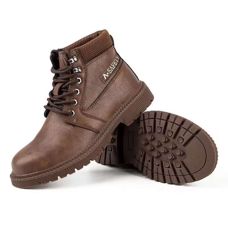 High Quality Brown Color Cow Leather Goodyear Welt Safety Boots with Steel Toe and Plate Casual Work Shoes