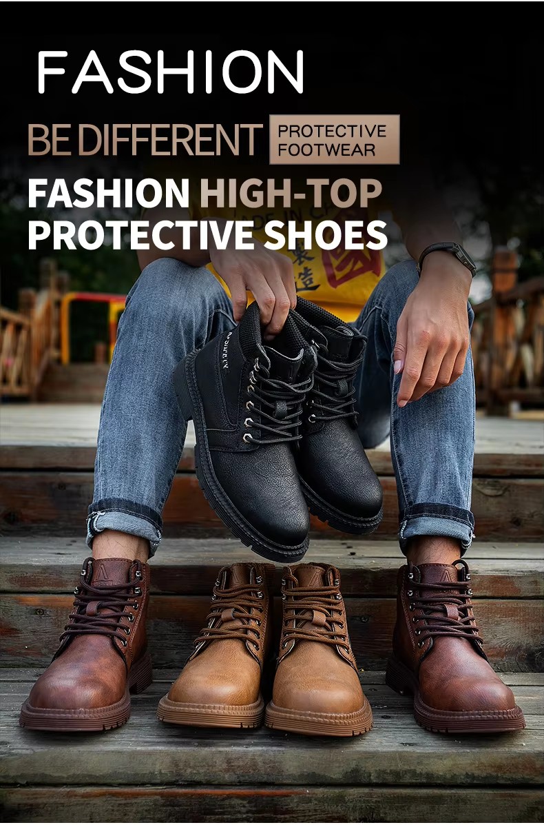 High Quality Brown Color Cow Leather Goodyear Welt Safety Boots with Steel Toe and Plate Casual Work Shoes