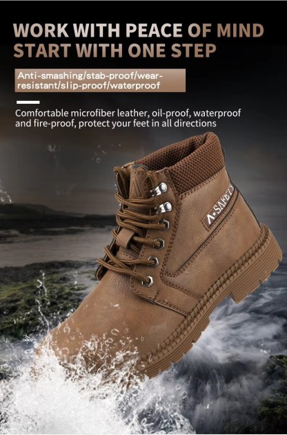 High Quality Brown Color Cow Leather Goodyear Welt Safety Boots with Steel Toe and Plate Casual Work Shoes