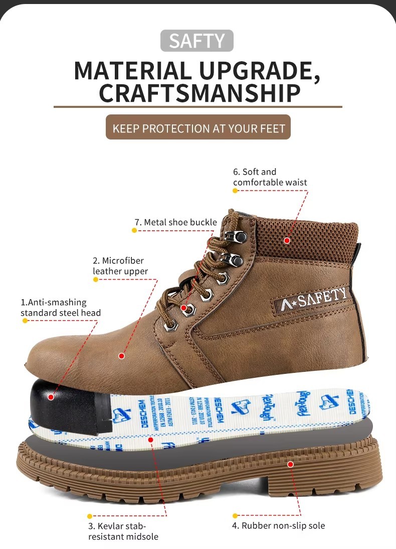 High Quality Brown Color Cow Leather Goodyear Welt Safety Boots with Steel Toe and Plate Casual Work Shoes