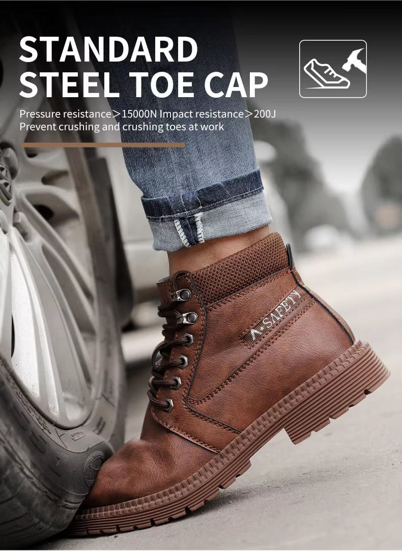 High Quality Brown Color Cow Leather Goodyear Welt Safety Boots with Steel Toe and Plate Casual Work Shoes