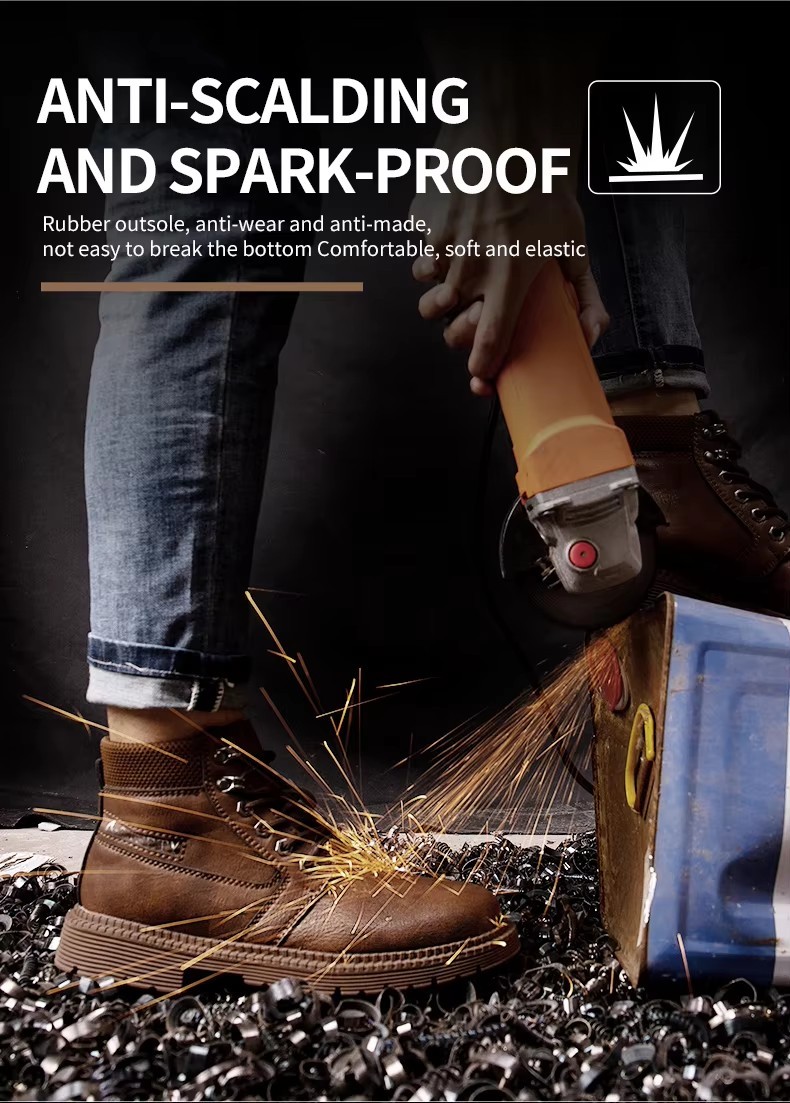 High Quality Brown Color Cow Leather Goodyear Welt Safety Boots with Steel Toe and Plate Casual Work Shoes