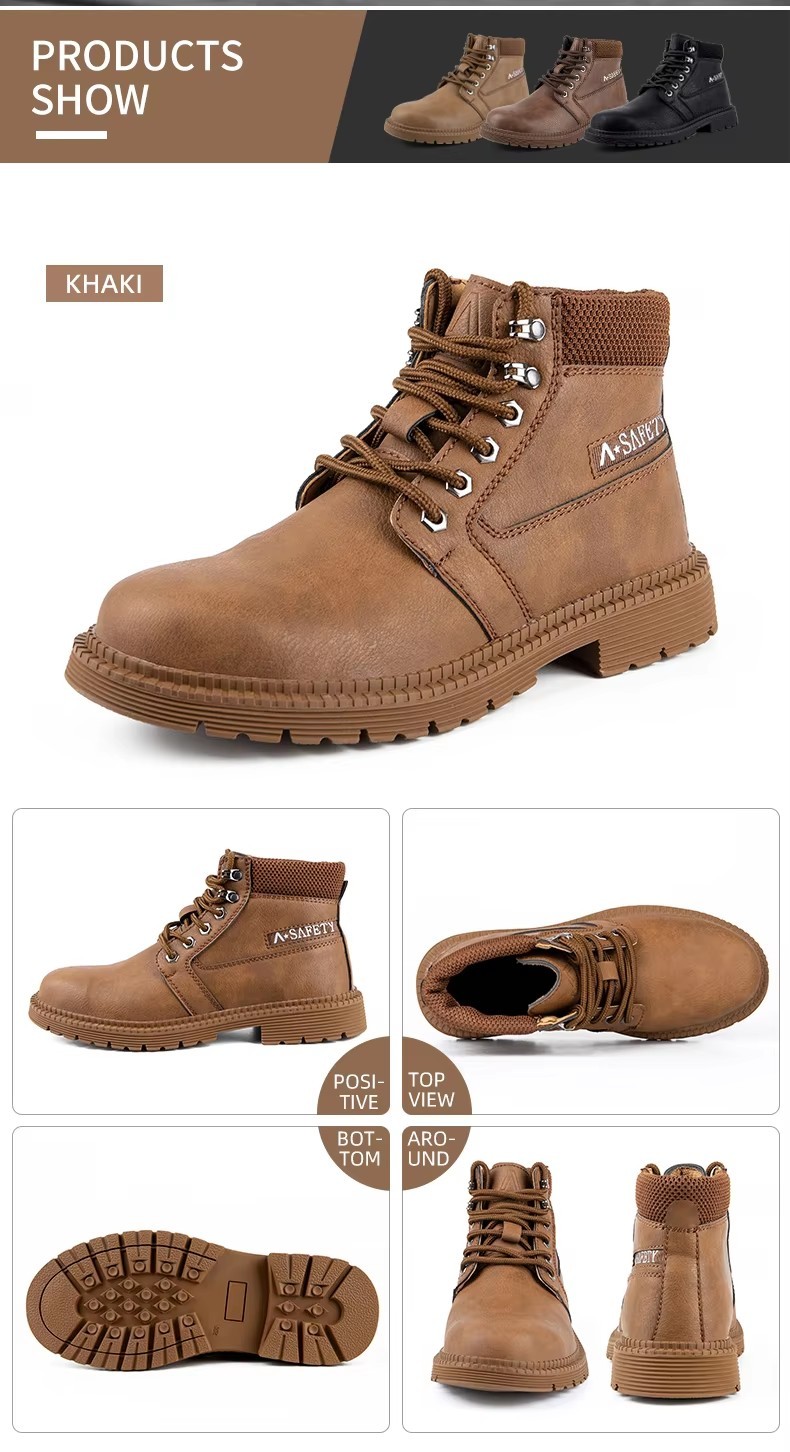 High Quality Brown Color Cow Leather Goodyear Welt Safety Boots with Steel Toe and Plate Casual Work Shoes