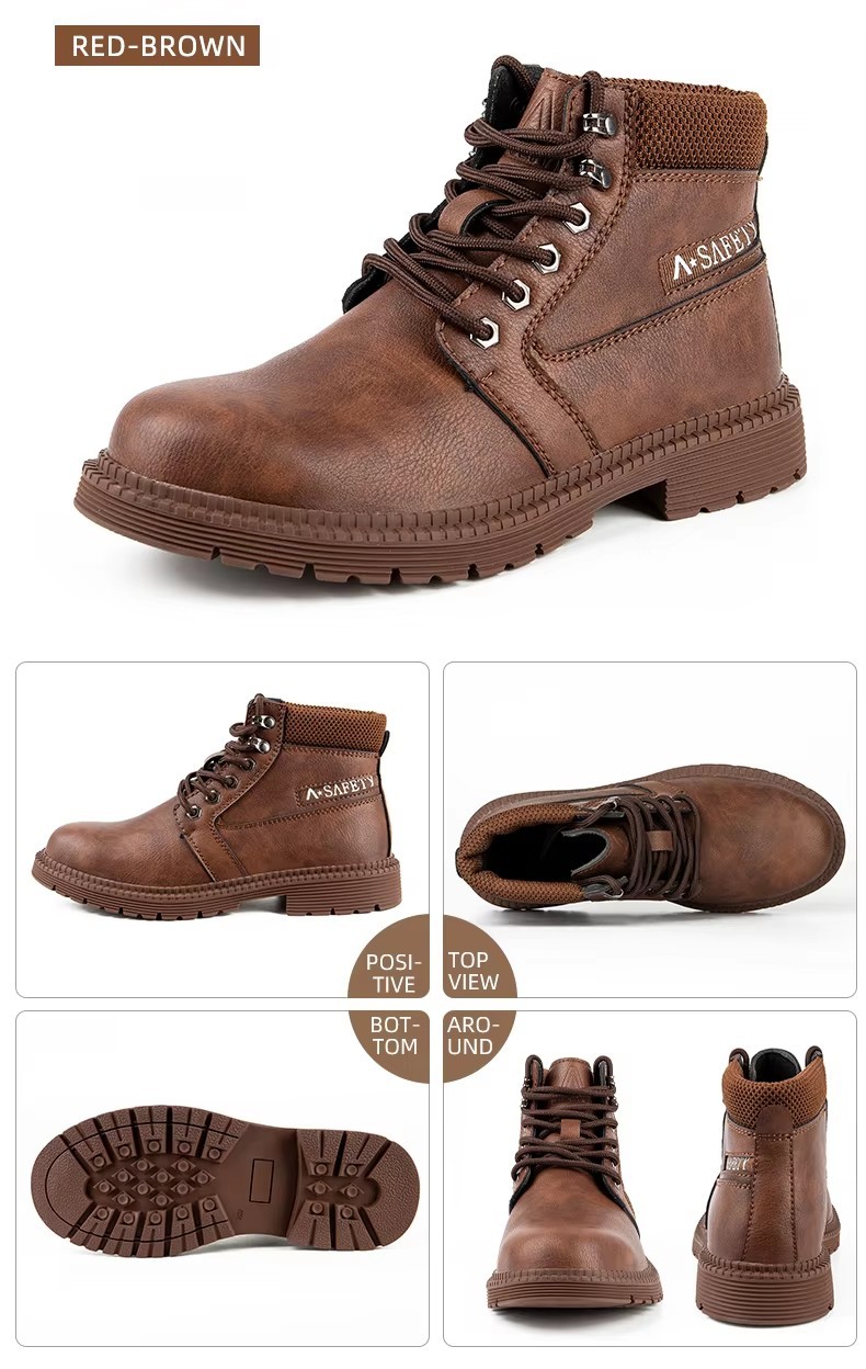 High Quality Brown Color Cow Leather Goodyear Welt Safety Boots with Steel Toe and Plate Casual Work Shoes