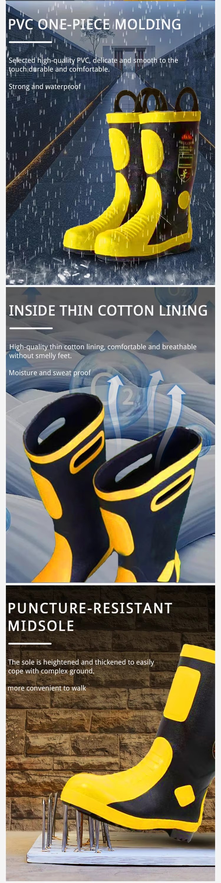 PVC One-piece Firefighting Fireman Boots Cotton Lining Anti-puncture Anti-slip Rubber Base
