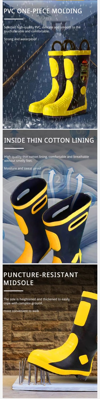 PVC One-piece Firefighting Fireman Boots Cotton Lining Anti-puncture Anti-slip Rubber Base