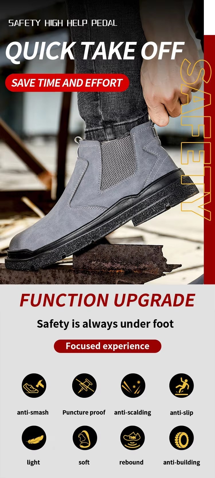 MICROFIBER LEATHER WELDING WORK SAFETY SHOES NO-LACE-UP ANTI-SMASH ANTI-PUNCTURE ANTI-SPARK for MEN SPRING SUMMER AUTUMN WINTER