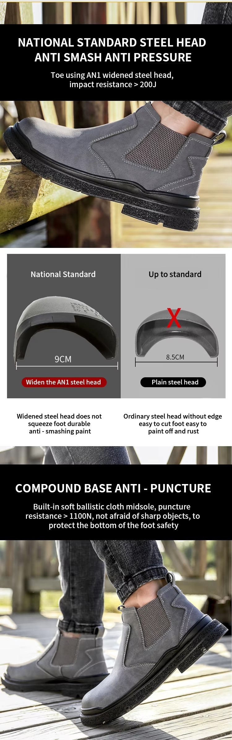 MICROFIBER LEATHER WELDING WORK SAFETY SHOES NO-LACE-UP ANTI-SMASH ANTI-PUNCTURE ANTI-SPARK for MEN SPRING SUMMER AUTUMN WINTER