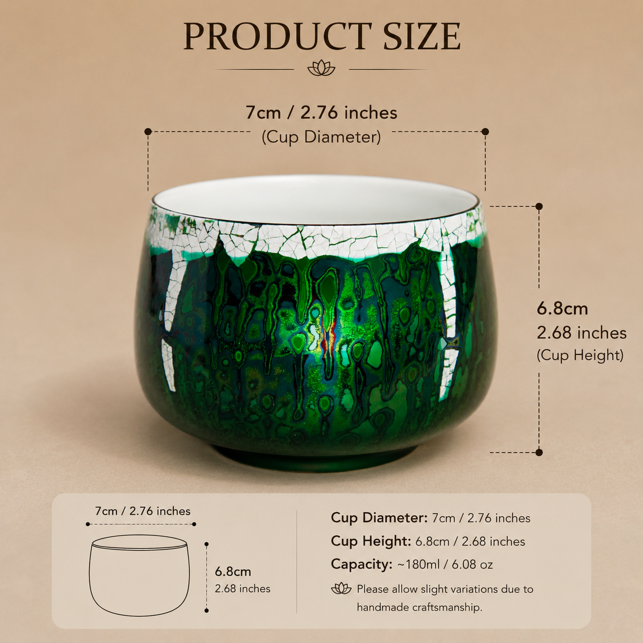 Emerald Treasure Sand Heritage Lacquer Tea Cup – Handmade Eggshell Inlay Artisan Tea Bowl