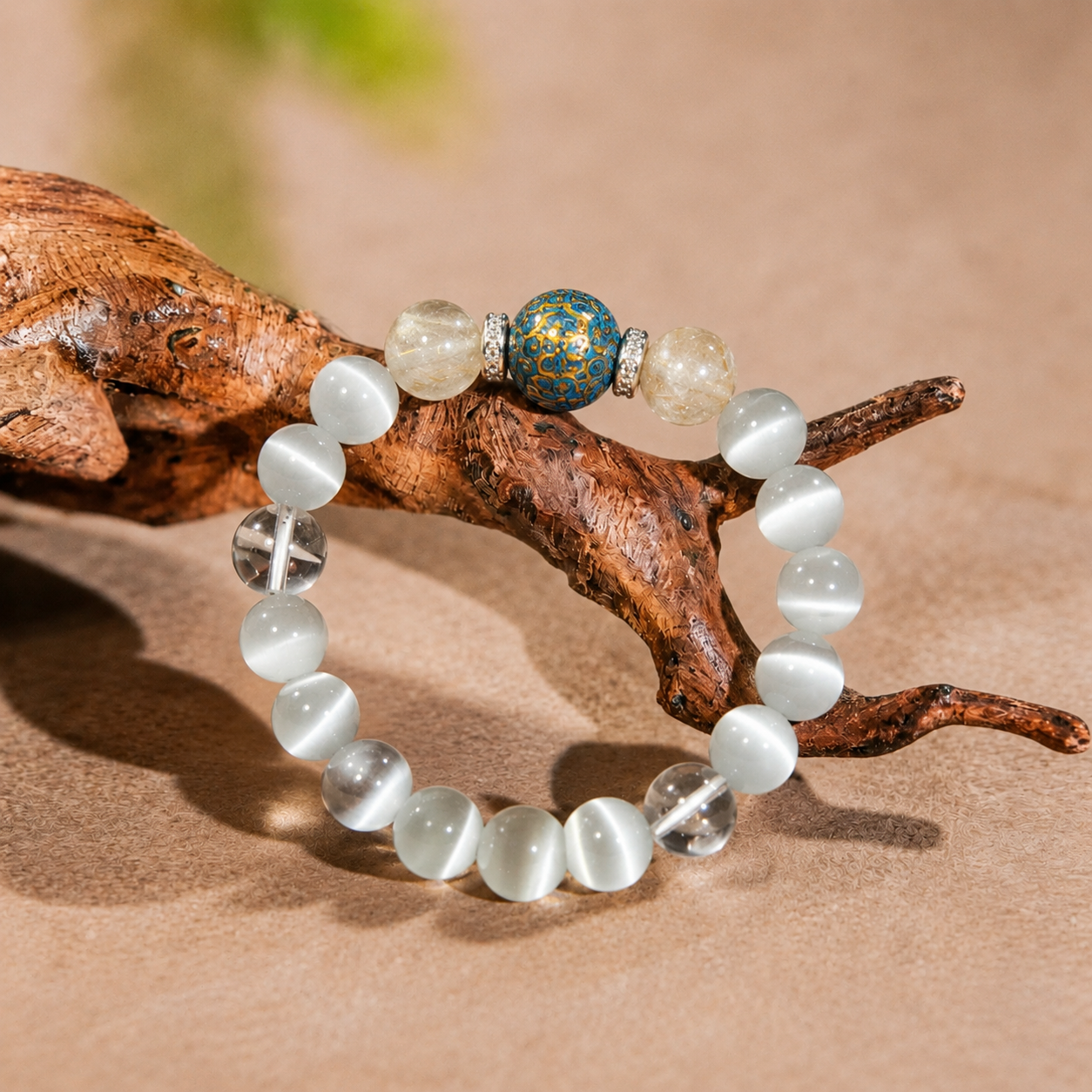 Luxury Oriental Lacquer Inlaid Shell Bead Bracelet, Flash Cat Eye White Crystal Meditation Healing Bracelet for Daily Wear