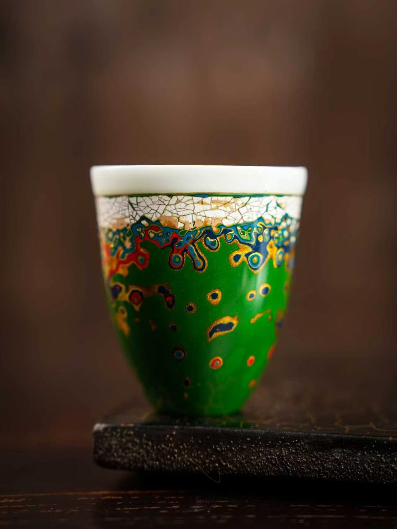 Oriental Multi-Color Marbled Lacquer Tea Cup Set, Five Unique Natural Lacquer Fragrance Cups With Luxury Gift Box