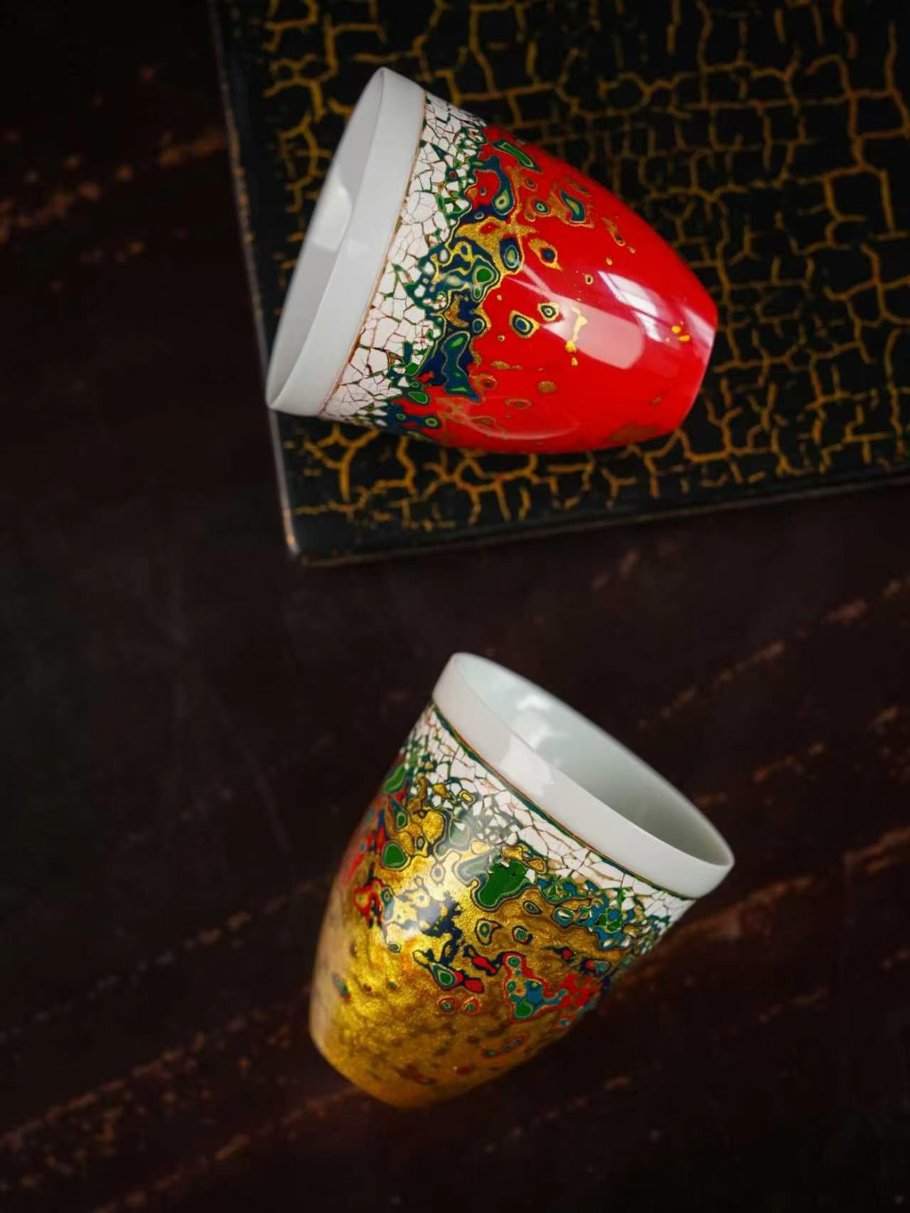 Oriental Multi-Color Marbled Lacquer Tea Cup Set, Five Unique Natural Lacquer Fragrance Cups With Luxury Gift Box
