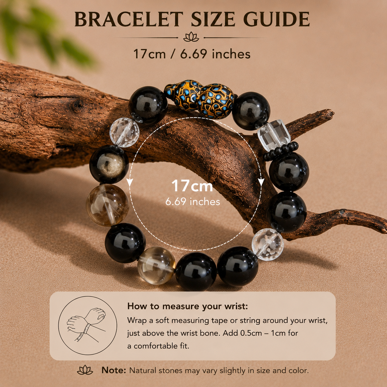 Guardian Fortune Obsidian & Crystal Bracelet with Handmade Lacquer Gourd Charm