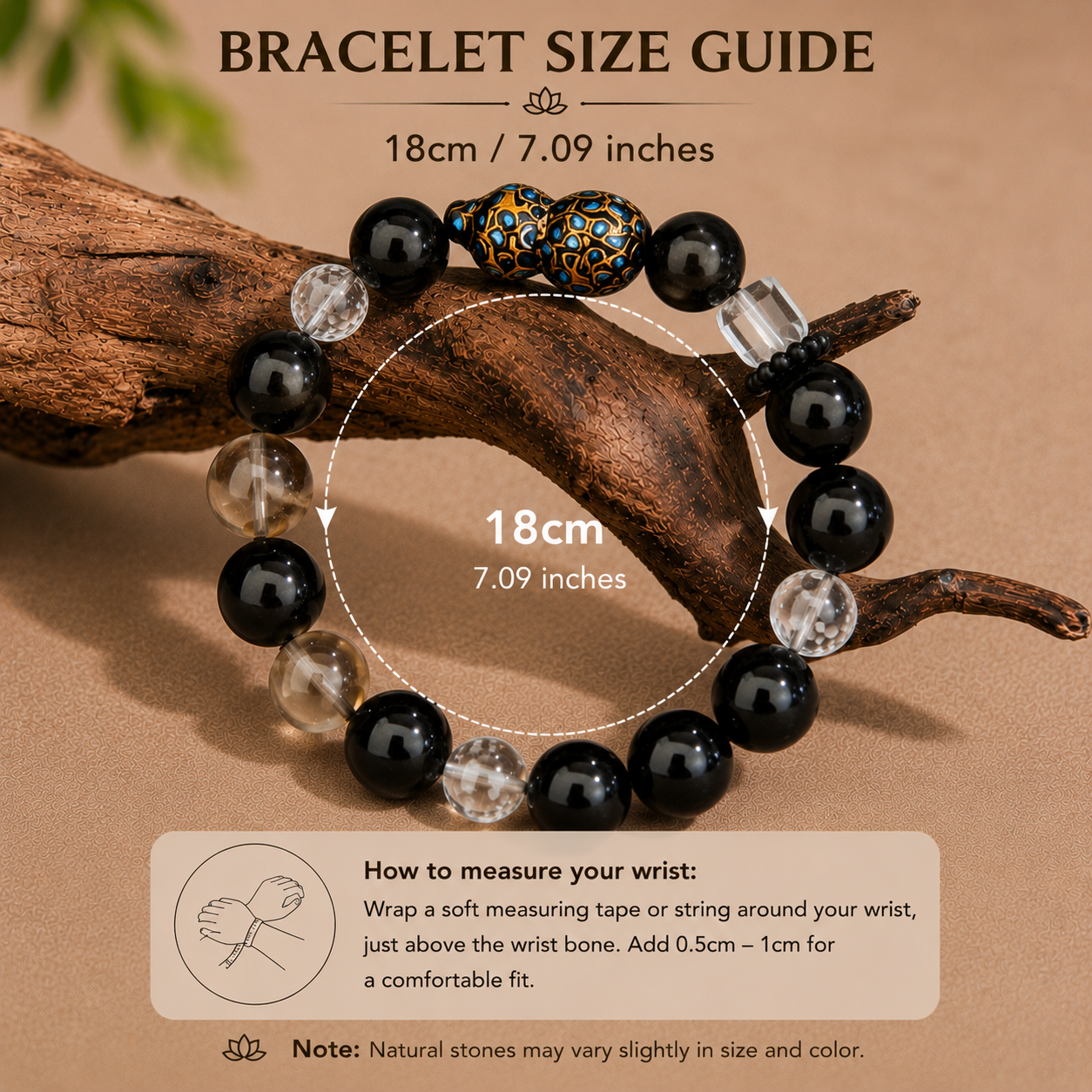 Guardian Fortune Obsidian & Crystal Bracelet with Handmade Lacquer Gourd Charm