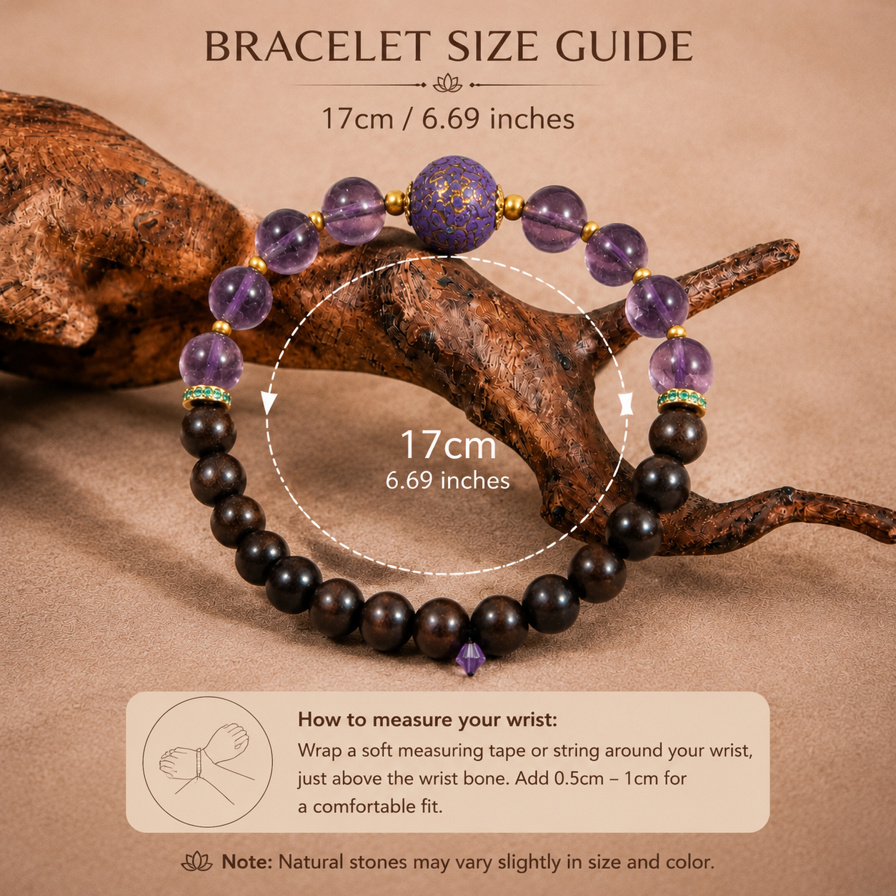 Tranquil Wisdom Crystal Bracelet – Amethyst, Agarwood & Heritage Purple Lacquer Bead