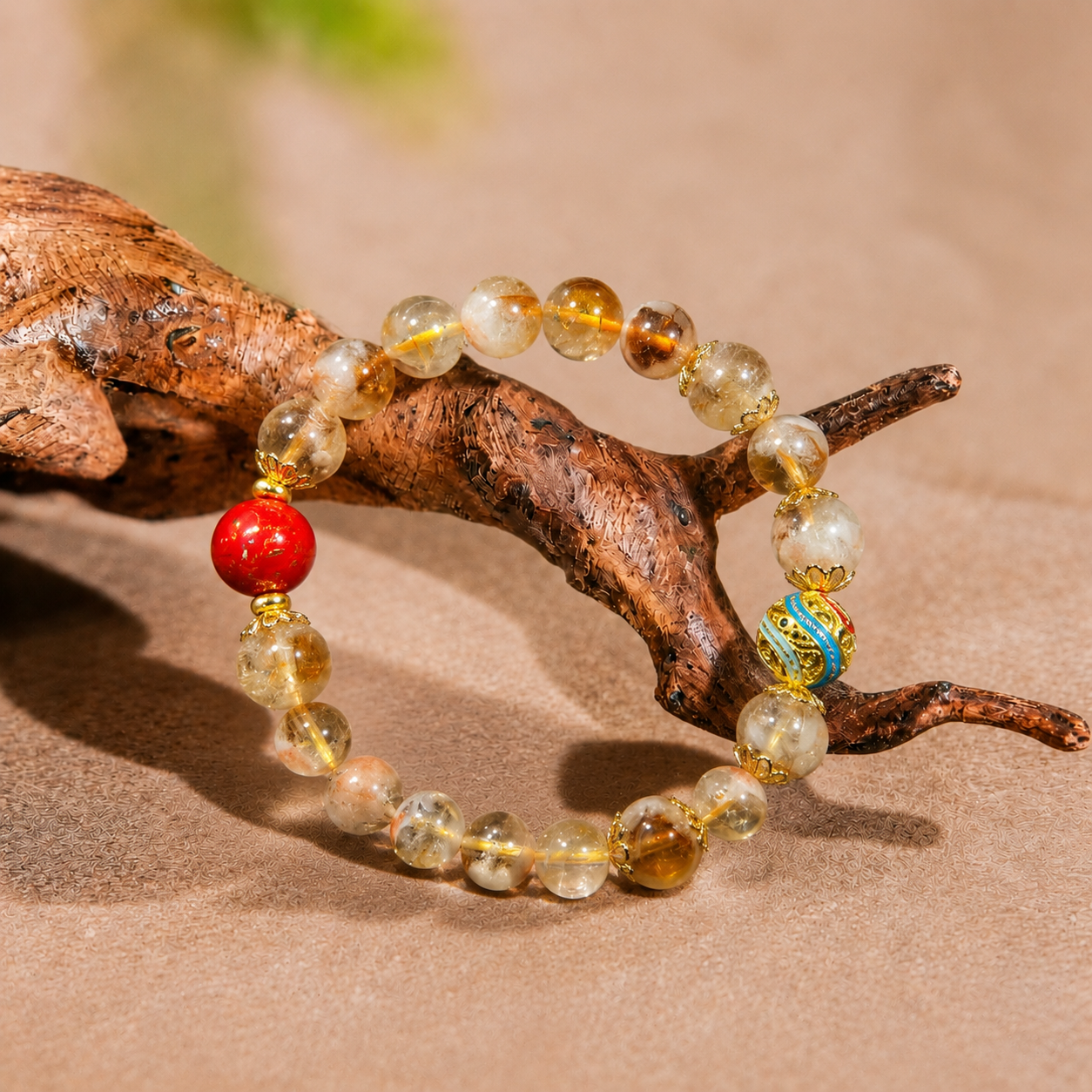 Golden Rutilated Quartz & Heritage Lacquer Beaded Bracelet – Handmade Crystal Energy Bracelet