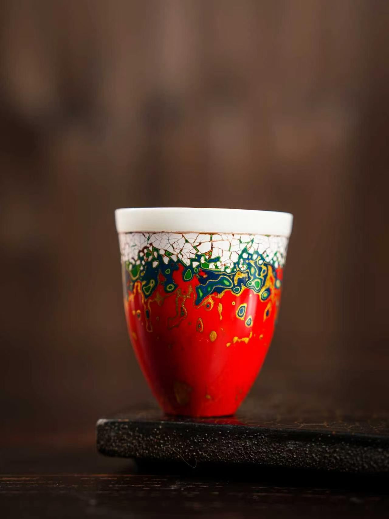 Oriental Multi-Color Marbled Lacquer Tea Cup Set, Five Unique Natural Lacquer Fragrance Cups With Luxury Gift Box