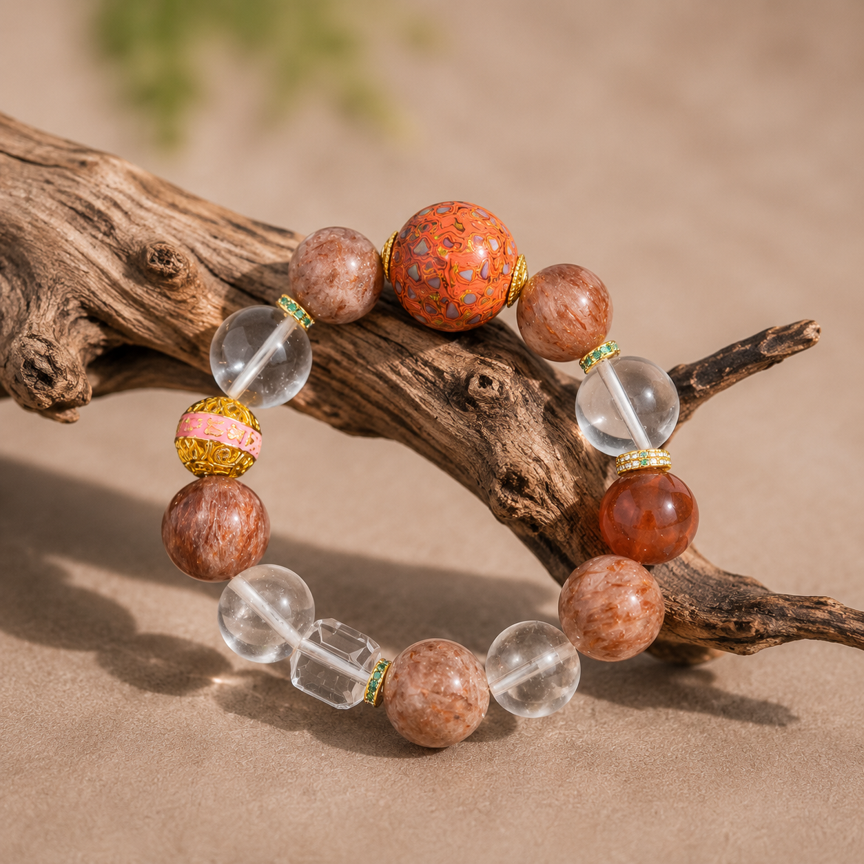 Red Rutilated Quartz & Clear Quartz Bracelet with Handcrafted Vermilion MOP Lacquer Bead