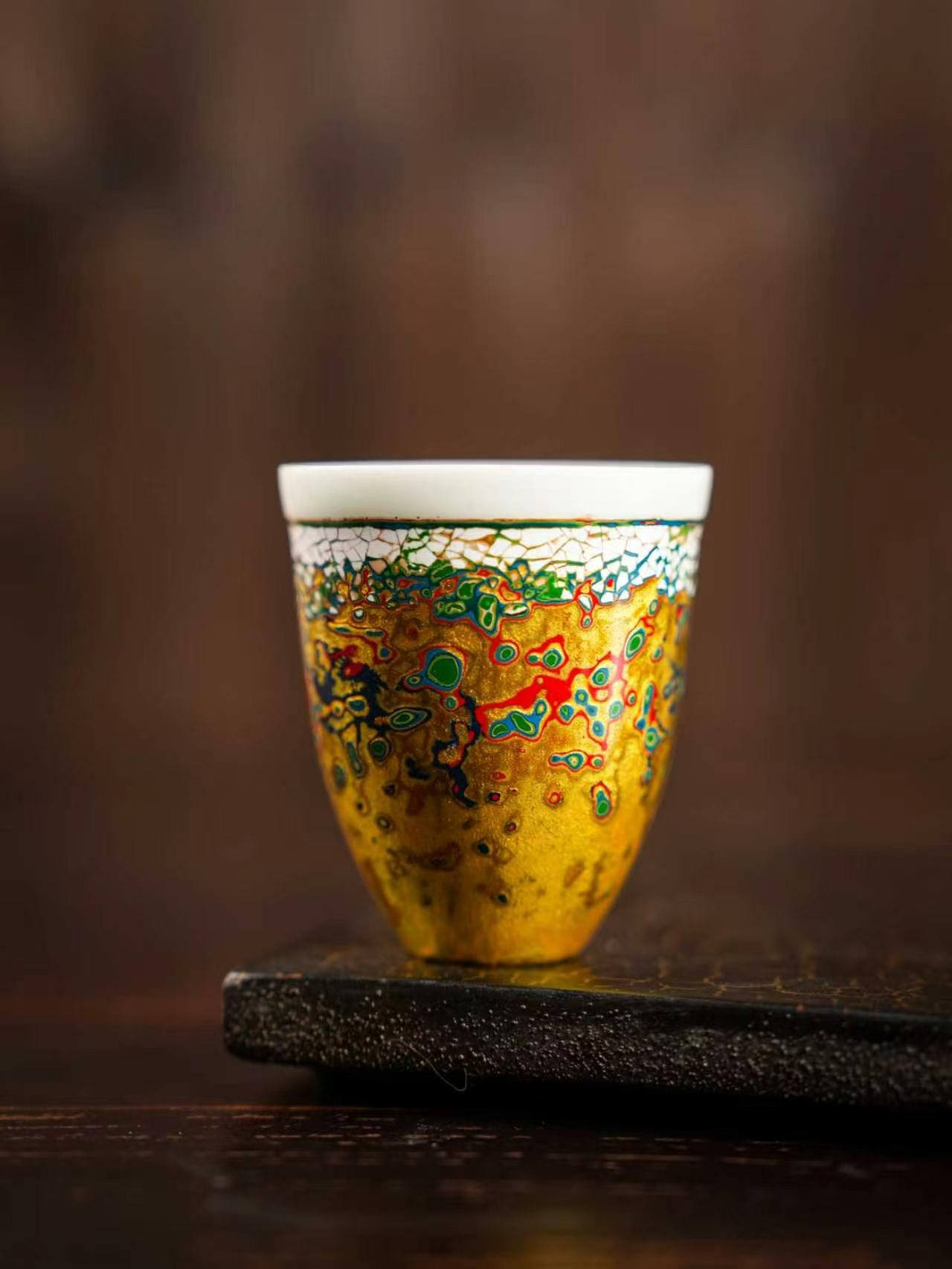 Oriental Multi-Color Marbled Lacquer Tea Cup Set, Five Unique Natural Lacquer Fragrance Cups With Luxury Gift Box