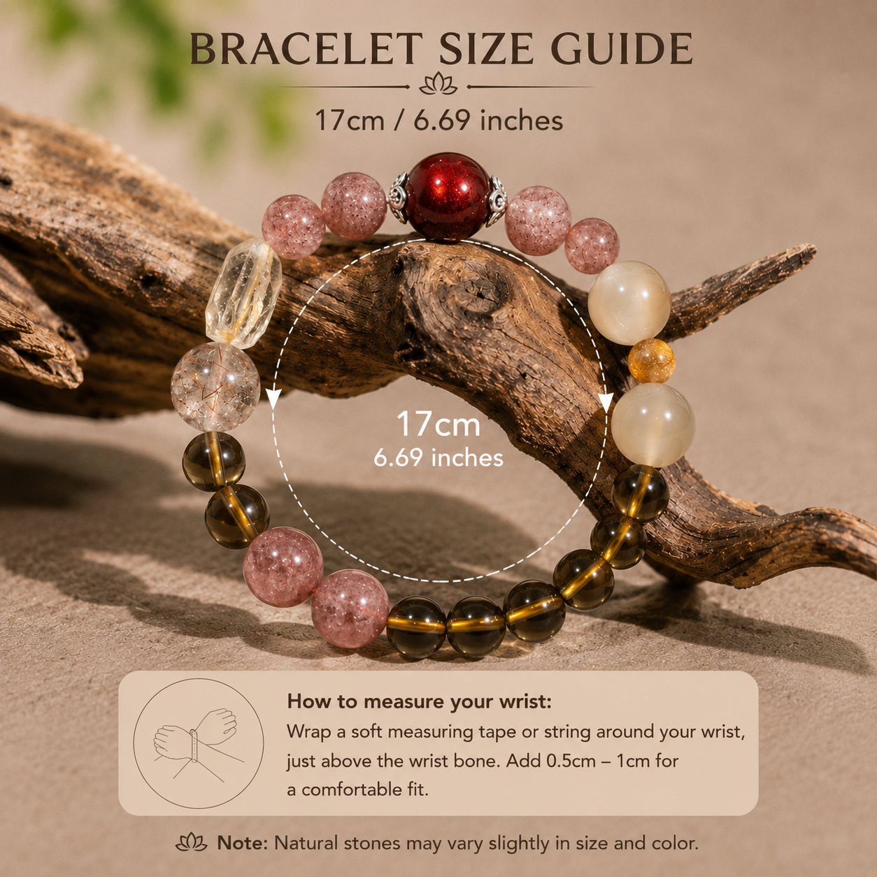Harmony & Prosperity Crystal Bracelet – Strawberry Quartz, Smoky Quartz, Olive Jade & Heritage Vermilion Lacquer Bead