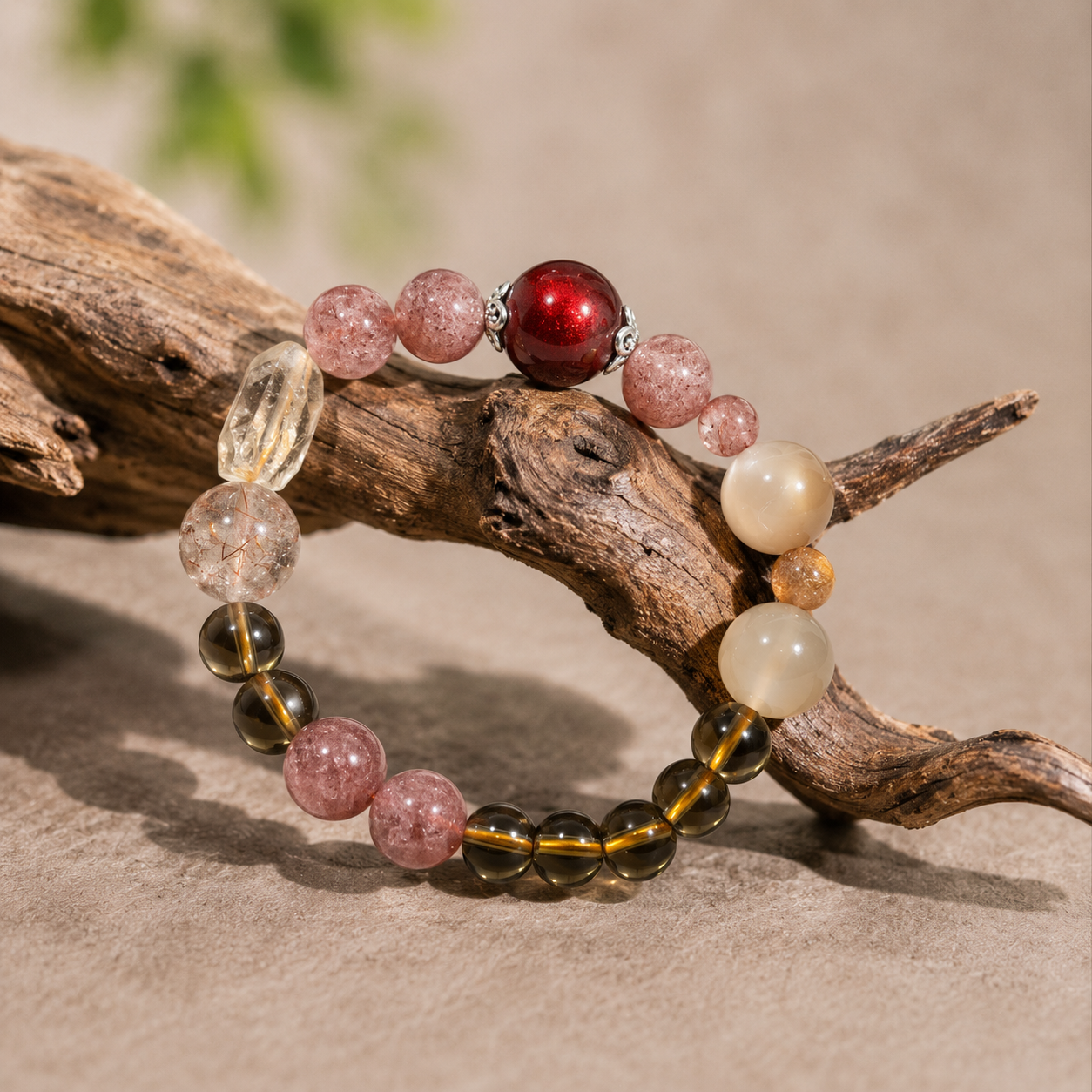 Harmony & Prosperity Crystal Bracelet – Strawberry Quartz, Smoky Quartz, Olive Jade & Heritage Vermilion Lacquer Bead
