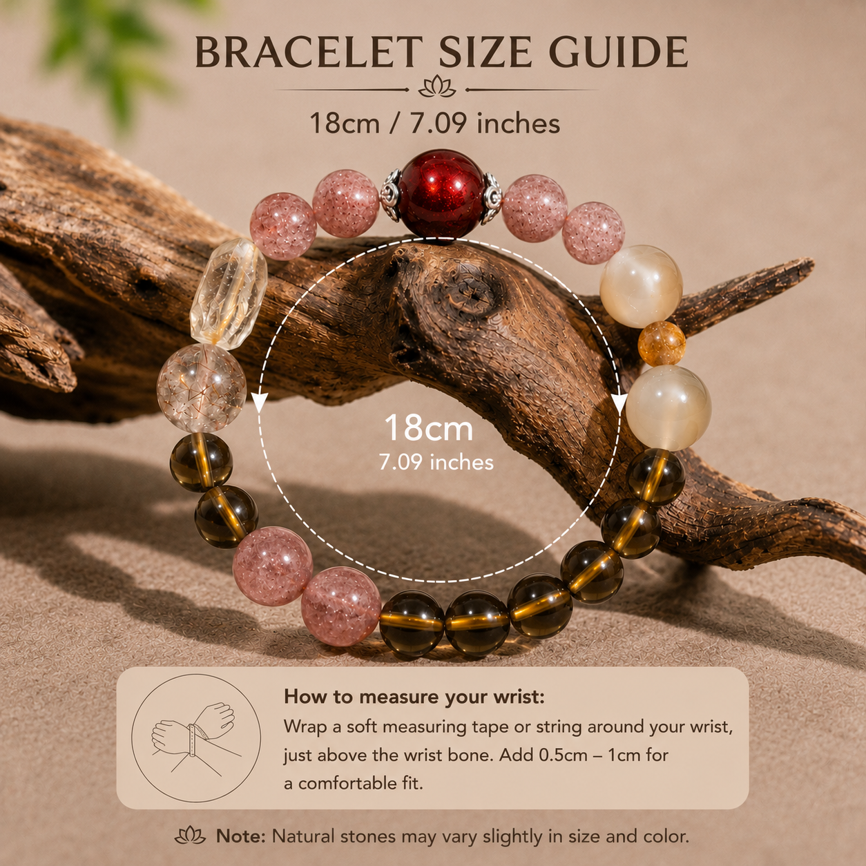 Harmony & Prosperity Crystal Bracelet – Strawberry Quartz, Smoky Quartz, Olive Jade & Heritage Vermilion Lacquer Bead