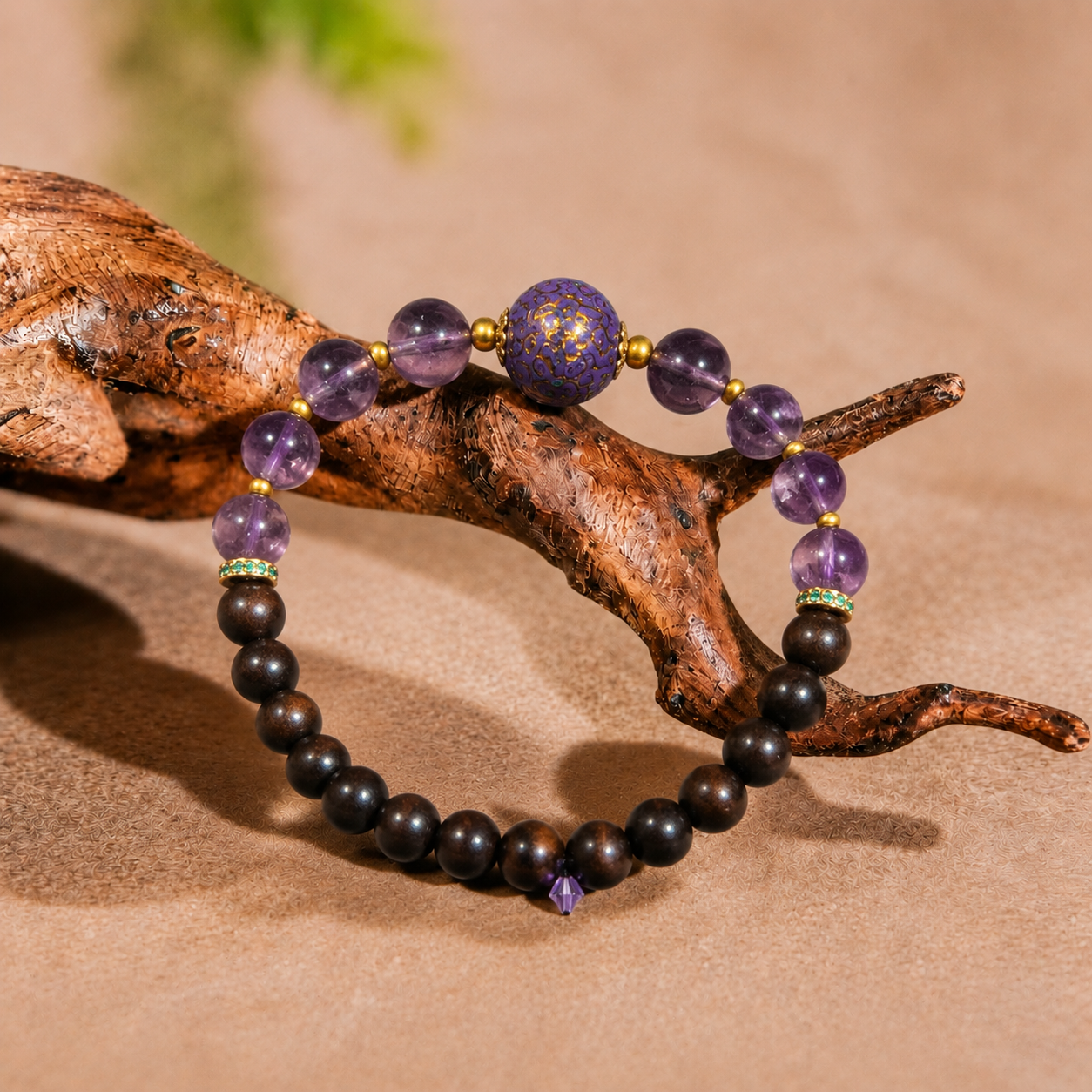 Tranquil Wisdom Crystal Bracelet – Amethyst, Agarwood & Heritage Purple Lacquer Bead