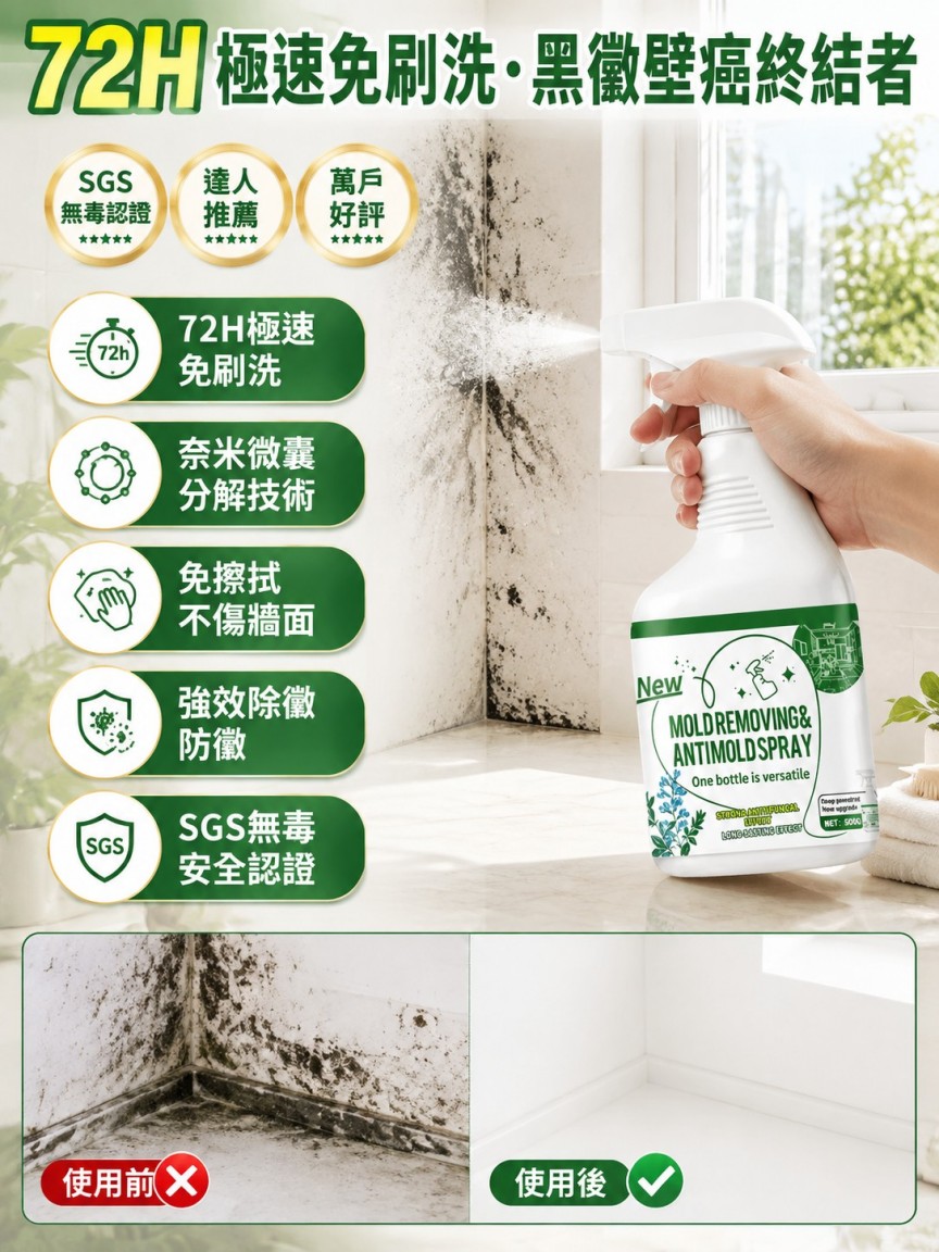 【72H極速免刷洗·黑黴壁癌終結者】強效牆體除黴淨化噴霧
