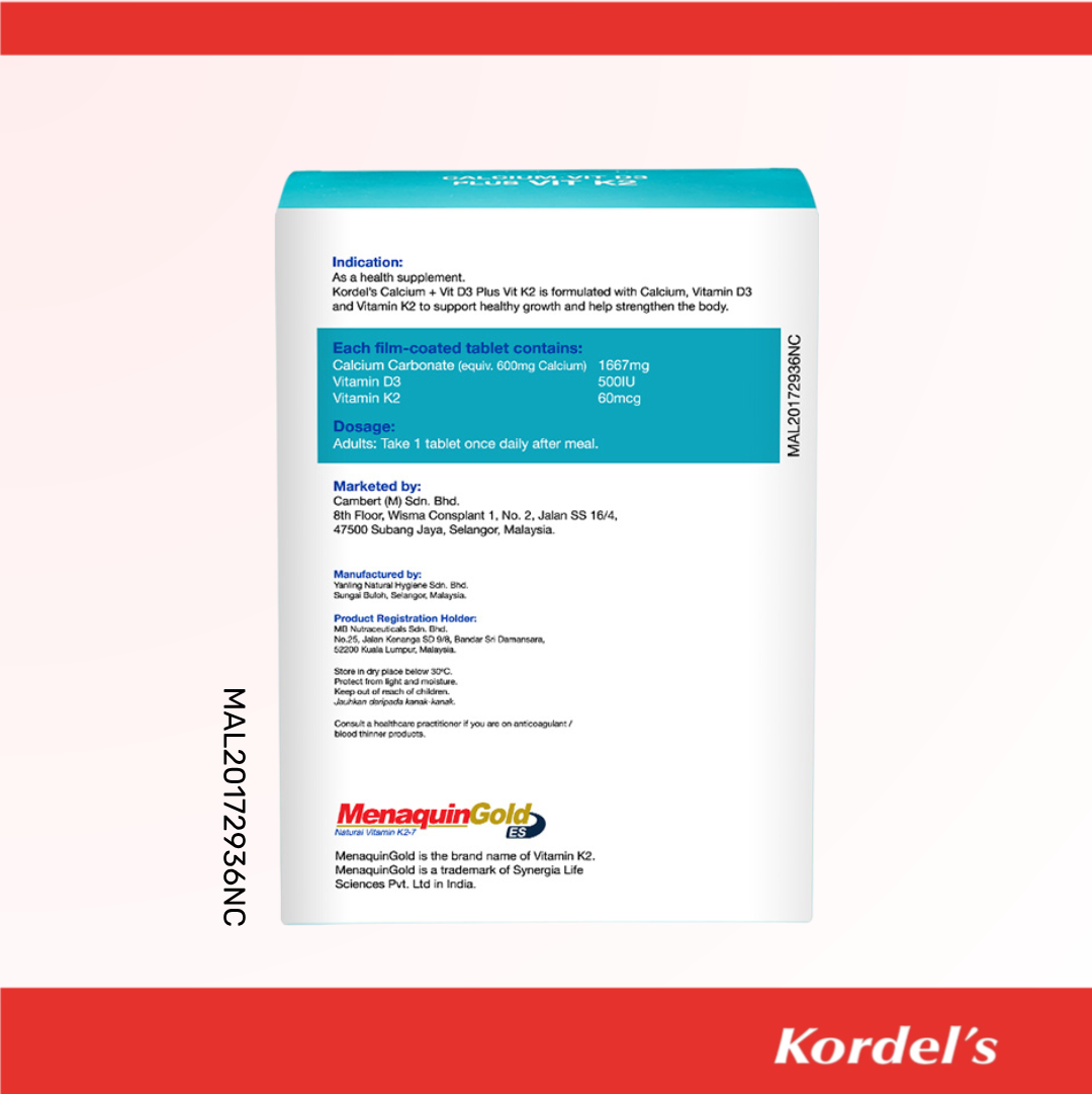 Kordel’s Calcium + Vit D3 Plus Vit K2 Tablets