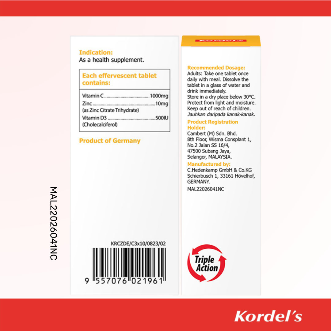 Kordel's Vitamin C 1000mg + Zinc 10mg + Vitamin D3 500IU Effervescent Tablet