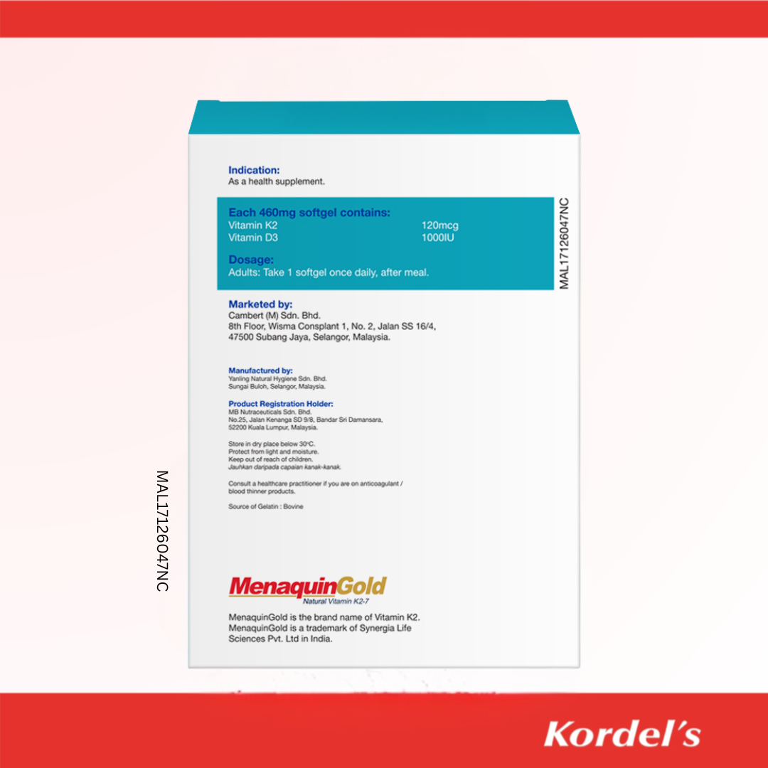 Kordel’s VIT K2 120mcg With D3 1000IU Softgels