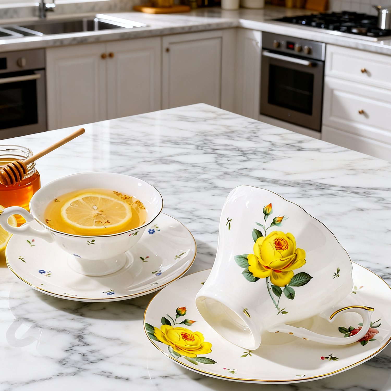 食卓に並んだレトロ調コーヒーカップセット