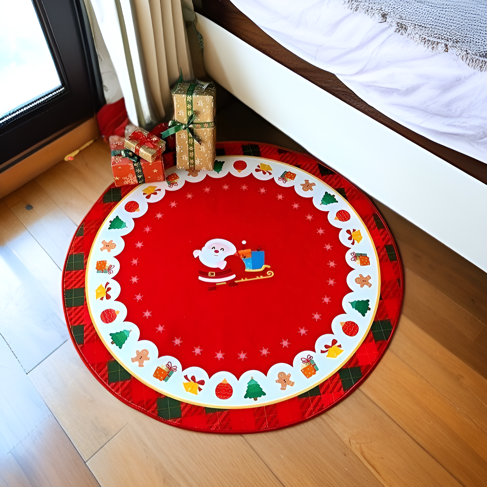 玄関に飾られたクリスマスデザインの丸いじゅうたん