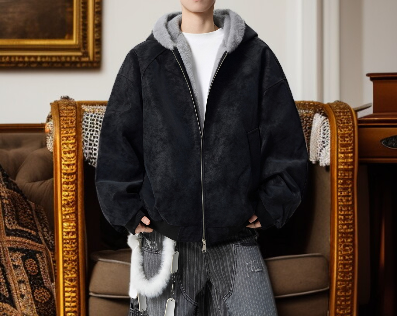 キャップ付き保温コートの細部デザイン