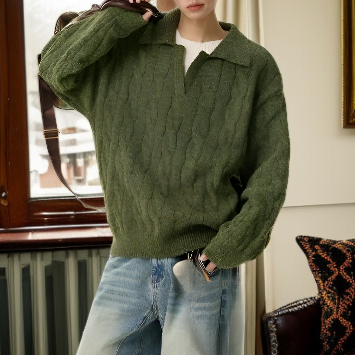 Vネックスタイルのフェイクツーピースニット