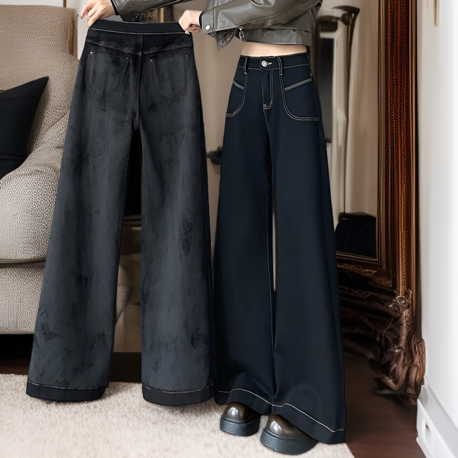 ワイドシルエットのデニムパンツ着用例