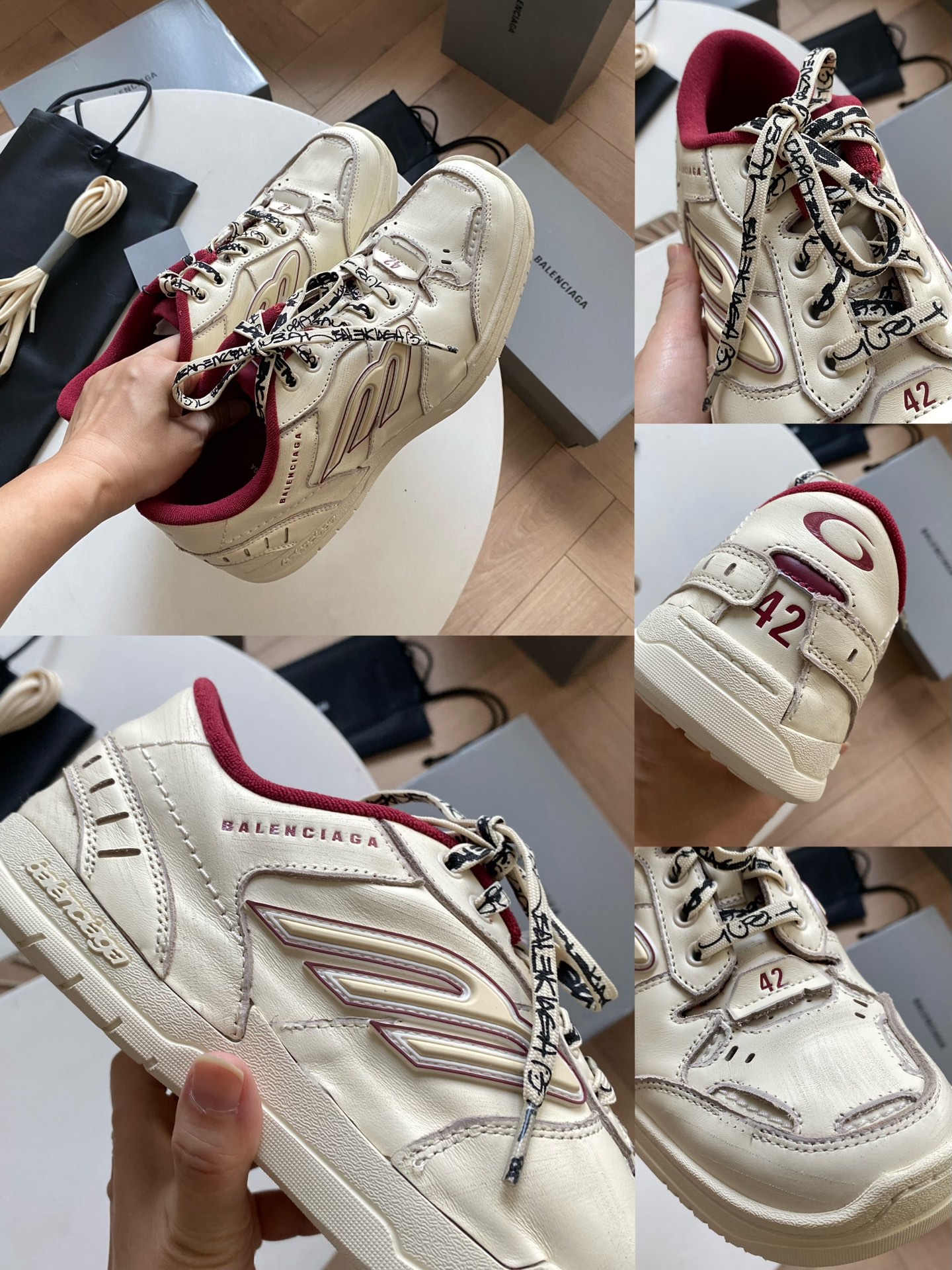 Blenciaga Hamptons Medium Worn-out Sneaker in Off White/red