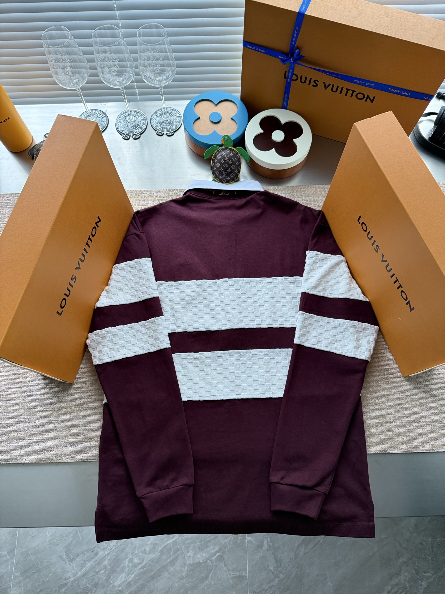 1AIKC2 ダミエ ストライプ 長袖ポロシャツ