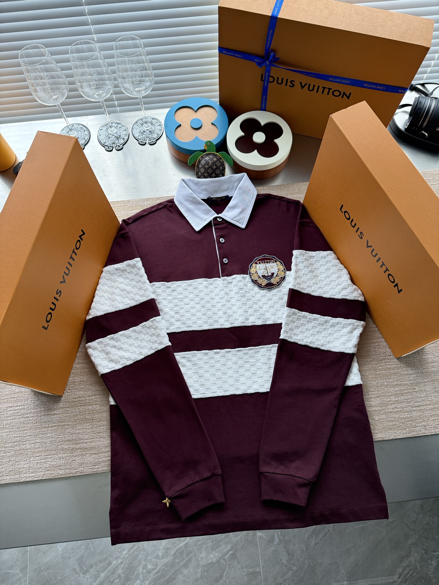 1AIKC2 ダミエ ストライプ 長袖ポロシャツ