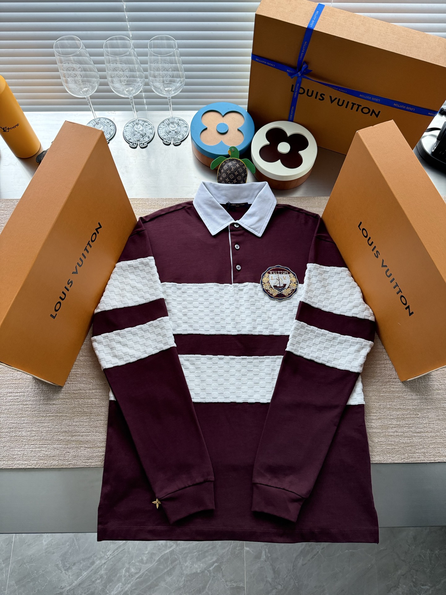 1AIKC2 ダミエ ストライプ 長袖ポロシャツ