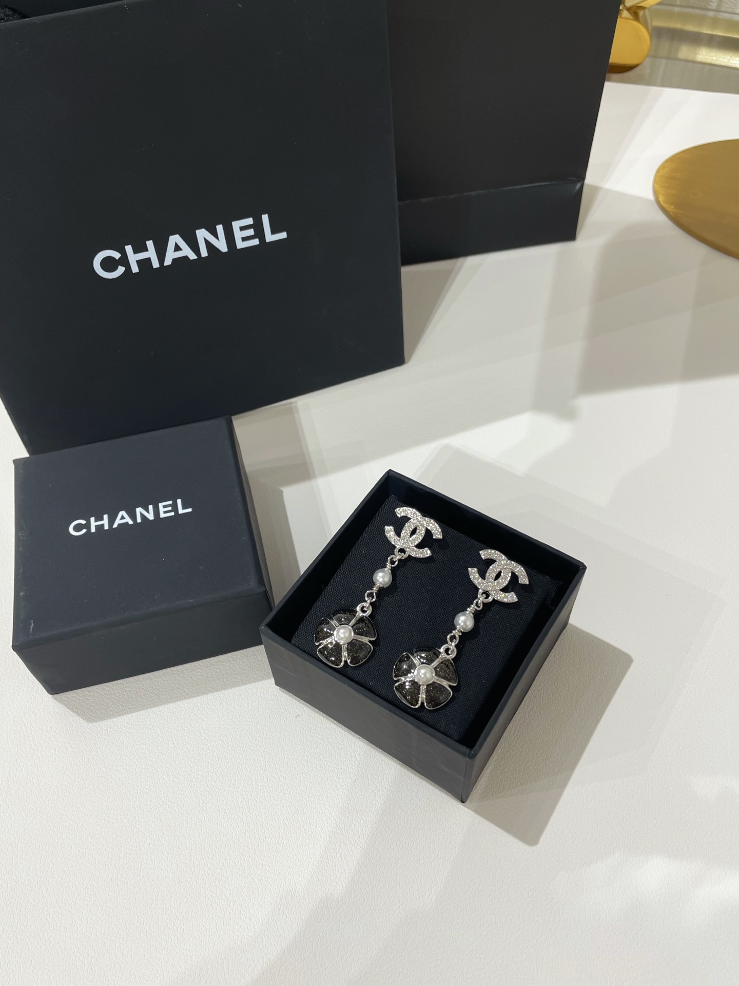 CHANEL 26C Camellia Drop Earrings