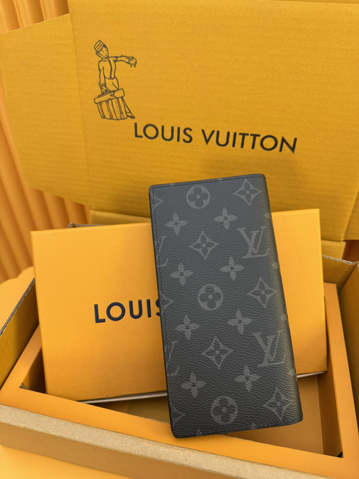 LOUIS VUITTON Brazza Wallet - Classic Monogram Canvas with Taurillon Leather & Cowhide, Long Wallet for Men, Black & Blue
