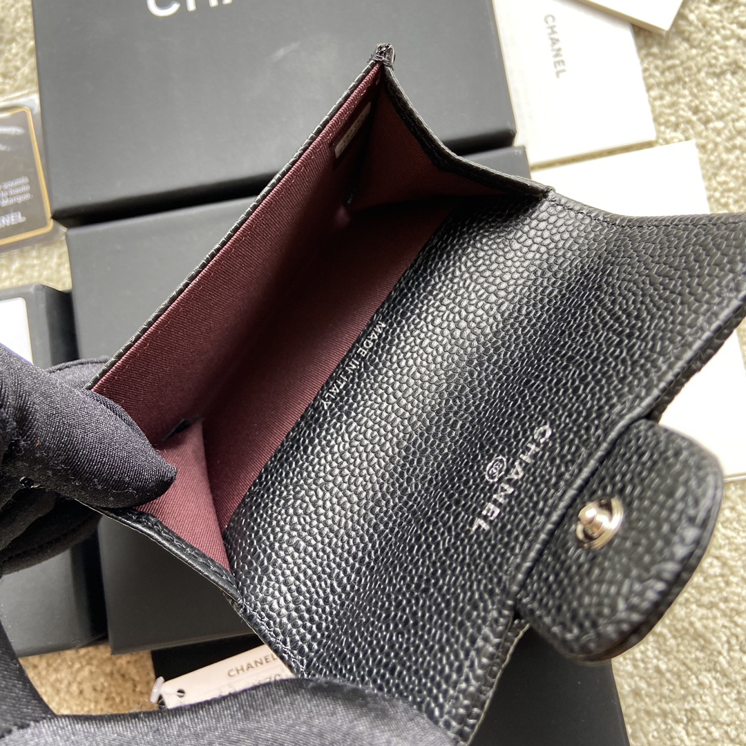 Chanel classic quilted card holder caviar leather black with silver hardware AP0214