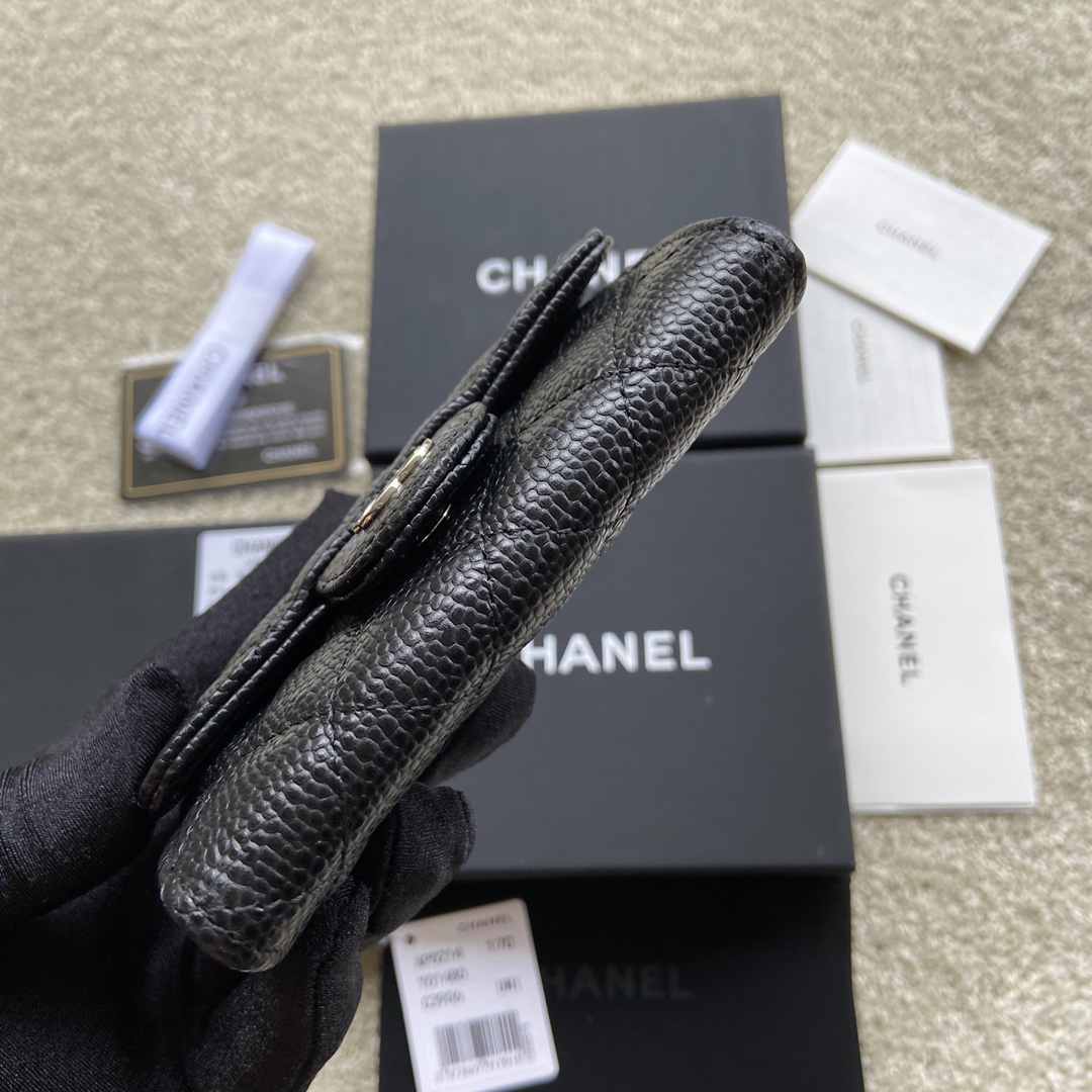 Chanel classic quilted card holder caviar leather black with silver hardware AP0214