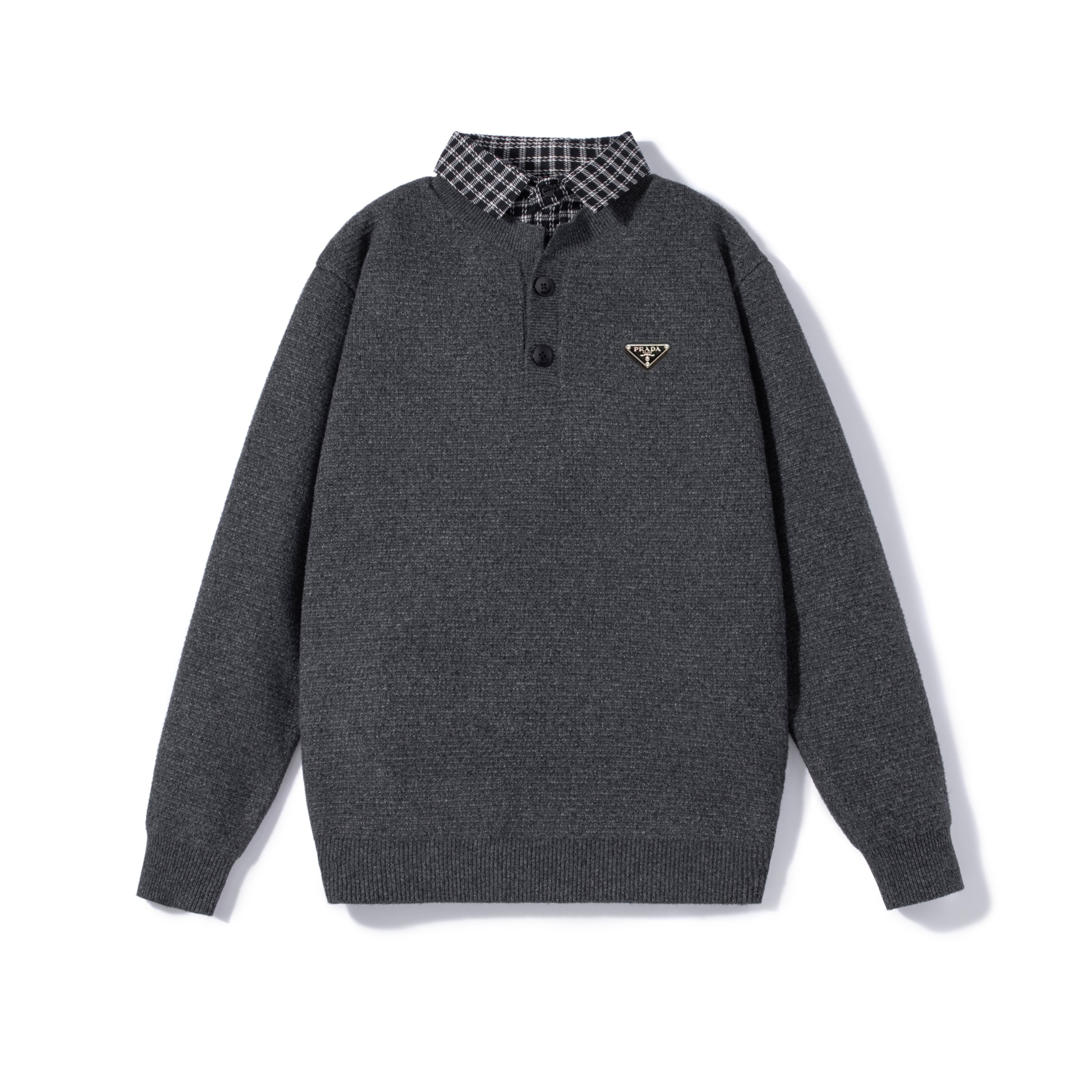 PRADA classic triangle leather label shirt collar faux two-piece knit sweater