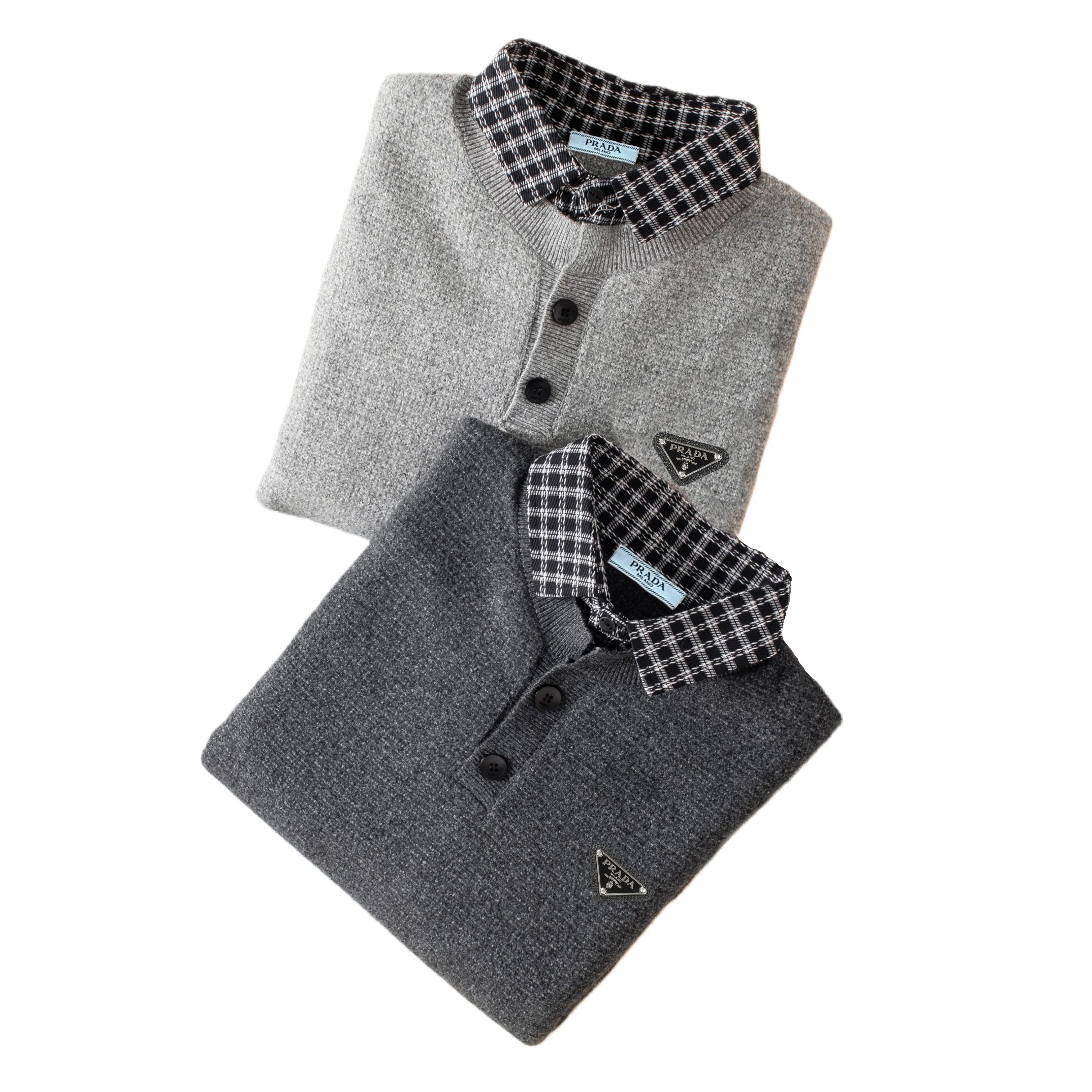 PRADA classic triangle leather label shirt collar faux two-piece knit sweater