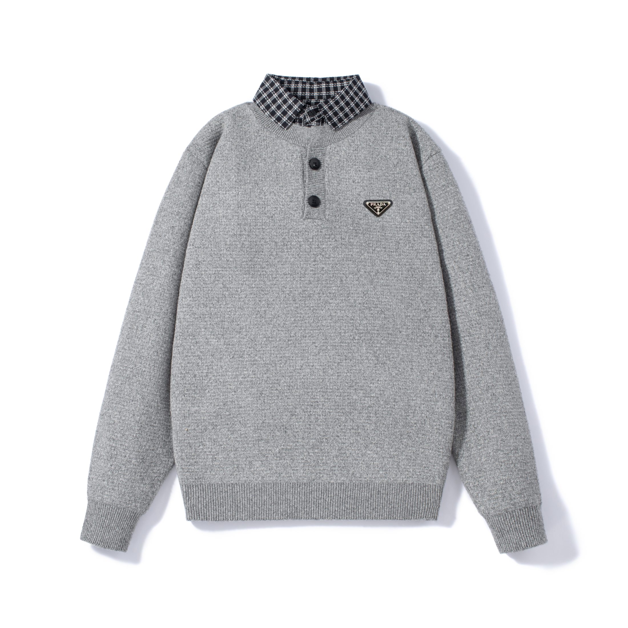 PRADA classic triangle leather label shirt collar faux two-piece knit sweater