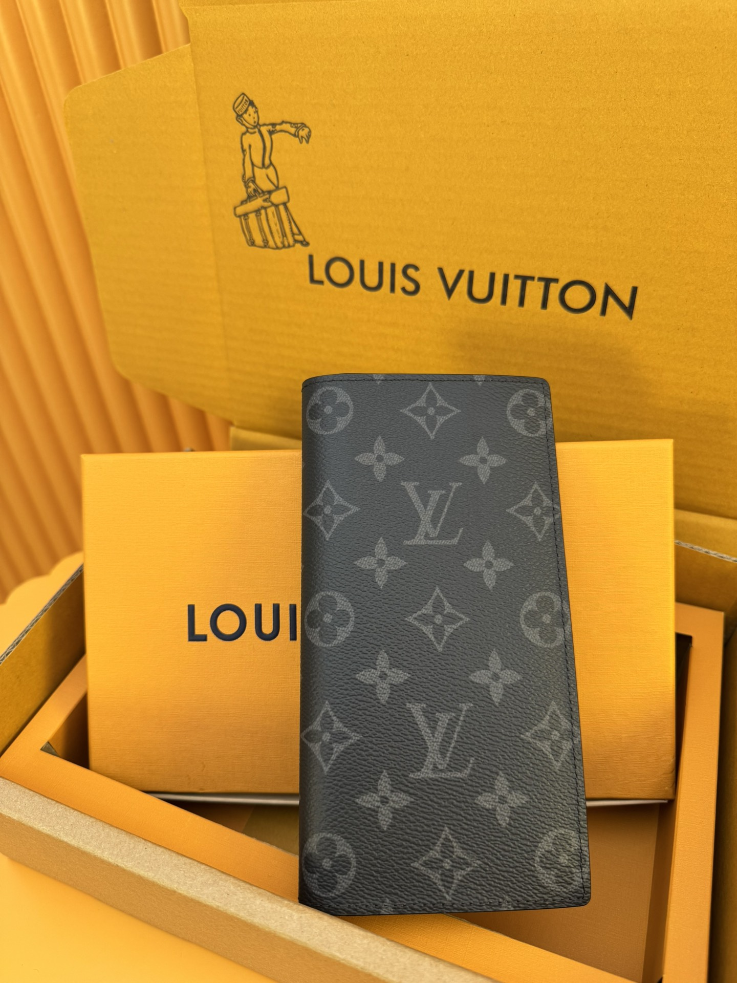 LOUIS VUITTON Brazza Wallet - Classic Monogram Canvas with Taurillon Leather & Cowhide, Long Wallet for Men, Black & Blue